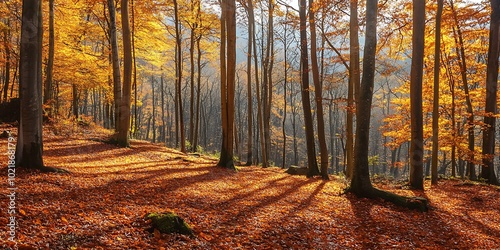 Sunlight through autumn trees in forest photo