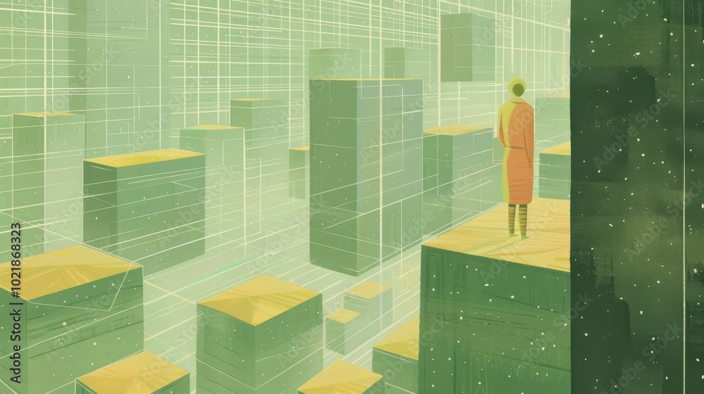 A figure stands on digital blocks within a futuristic, green-tinted environment, surrounded by a sea of data and illuminated patterns.