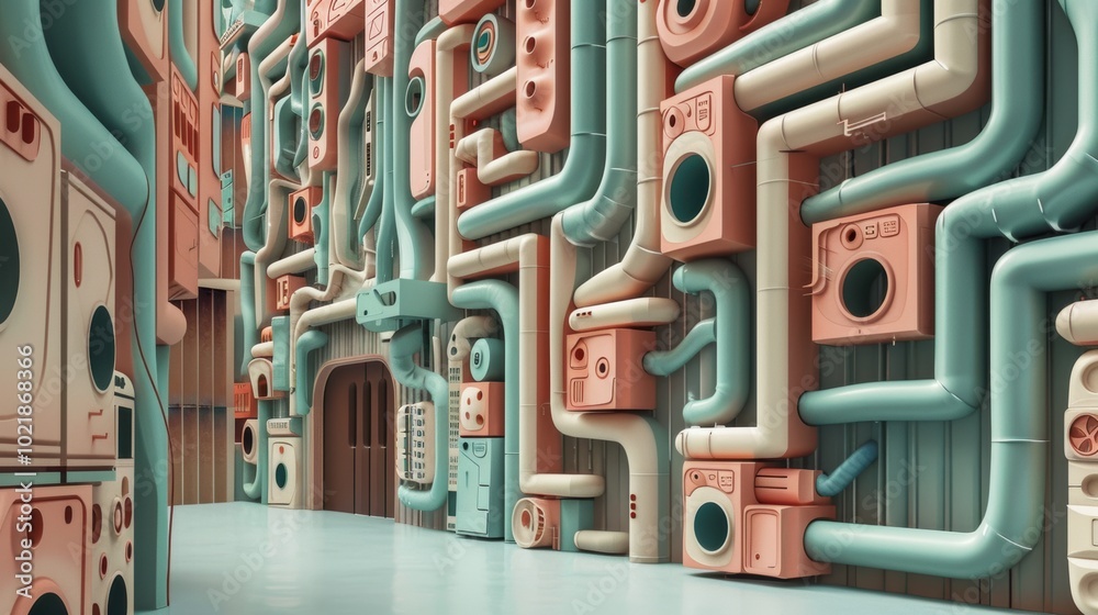 A vibrant, abstract interior featuring colorful pipes and appliances, creating a whimsical industrial aesthetic.