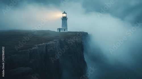 A lone lighthouse stands on a cliff edge, its beam cutting through the thick fog.