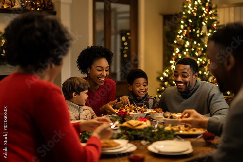 Family gathering around a festive dinner table with Christmas decorations and joyful expressions in a cozy home setting