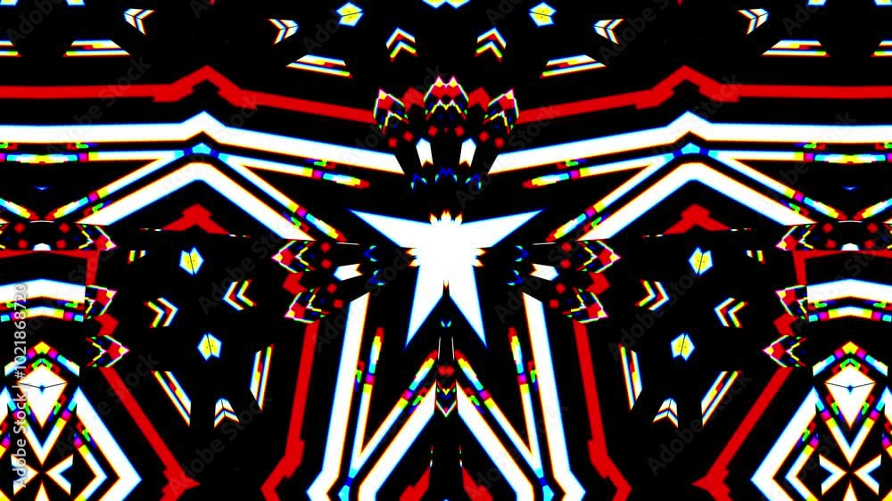 Fast-paced kaleidoscope background with colorful glowing lines and shock waves for DJ and music loops