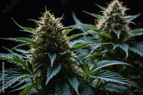 Close-up of a vibrant cannabis plant showing dense buds and lush leaves in a dark background, emphasizing growth and detail.