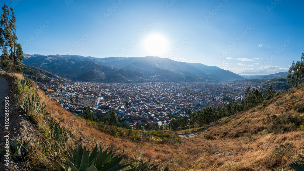 Huaraz Panoramic Cityscape with View of the Cemetery on a Sunny Day in the Ancash Region, Peru