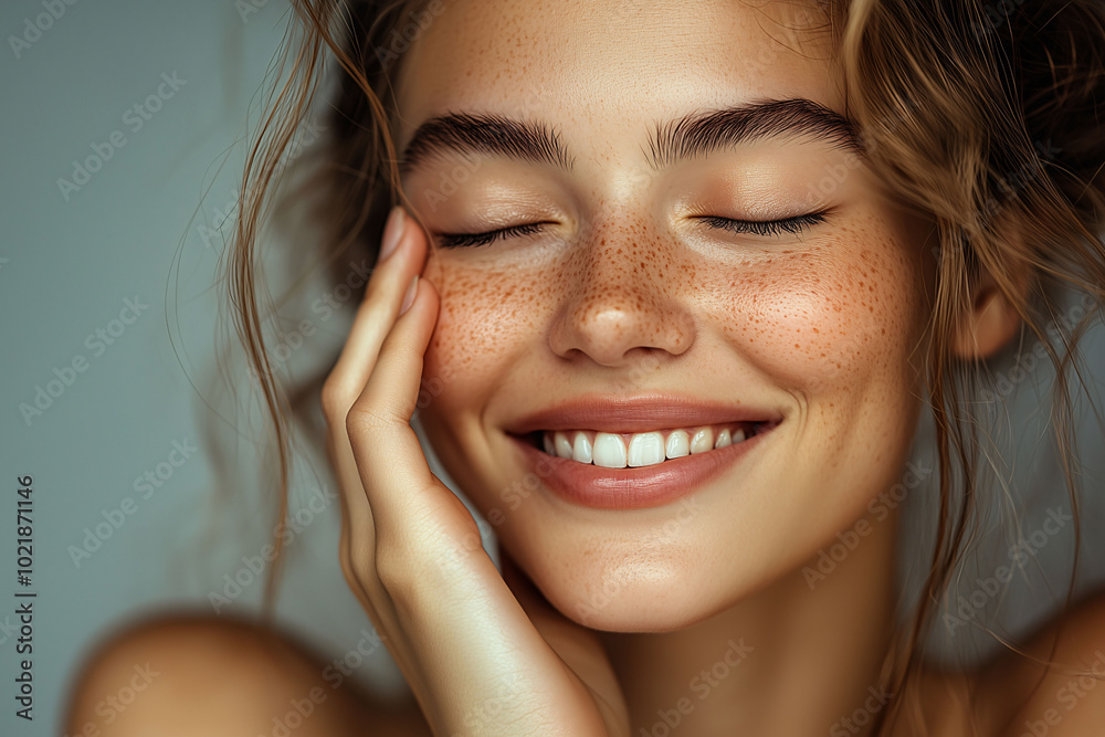 Lächelnde Frau mit makellosem Gesicht und strahlend schöner Haut, Beauty Face für Kosmetikwerbung, Ebenmäßigen Teint Lächelnde Frau mit makellosem Gesicht und strahlend schöner Haut, Beauty Face für Kosmetikwerbung, Ebenmäßigen Teint