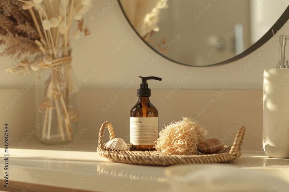 A stylish bathroom scene featuring a brown bottle on a woven tray, surrounded by decorative items and soft natural light.