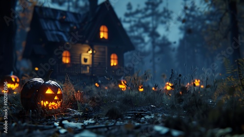 Background with halloween pumpkins, candles and autumn leaves on the wooden house porch