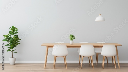 Scandinavian Minimalistic Dining Room with Wooden Table and Green Plants, Copy Space for Text,3D rendering