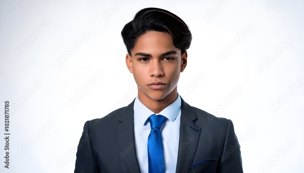 18-year-old Tall American man, with clean stylish black hair, wearing a business suit. Isolated on a white background. 18-year-old Tall American man, with clean stylish black hair, wearing a business suit. Isolated on a white background.