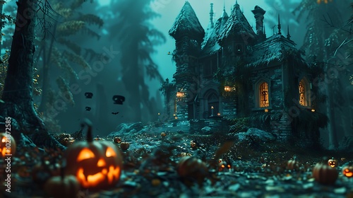 Background with halloween pumpkins, candles and autumn leaves on the wooden house porch