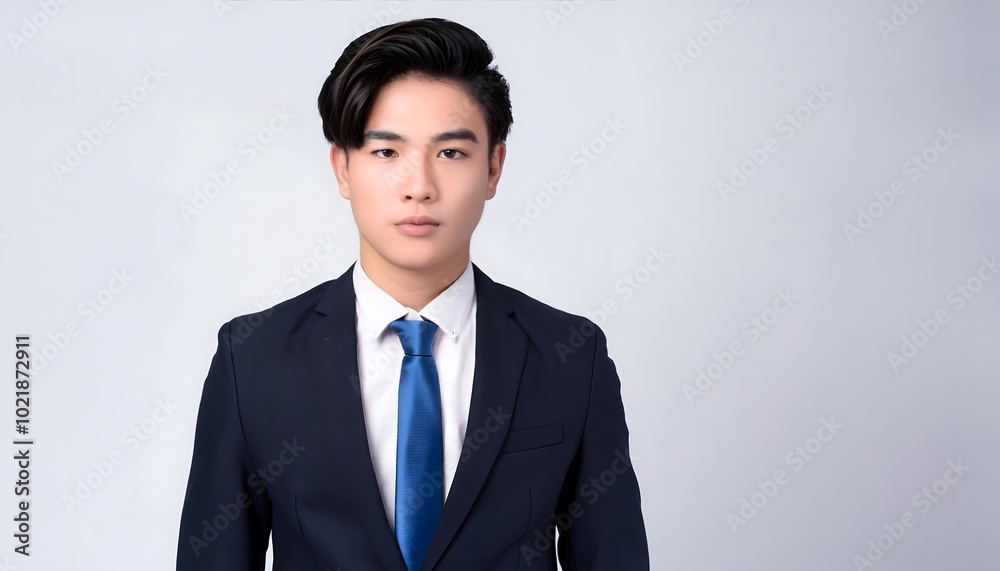 18-year-old Tall American man, with clean stylish black hair, wearing a business suit. Isolated on a white background. 18-year-old Tall American man, with clean stylish black hair, wearing a business suit. Isolated on a white background.