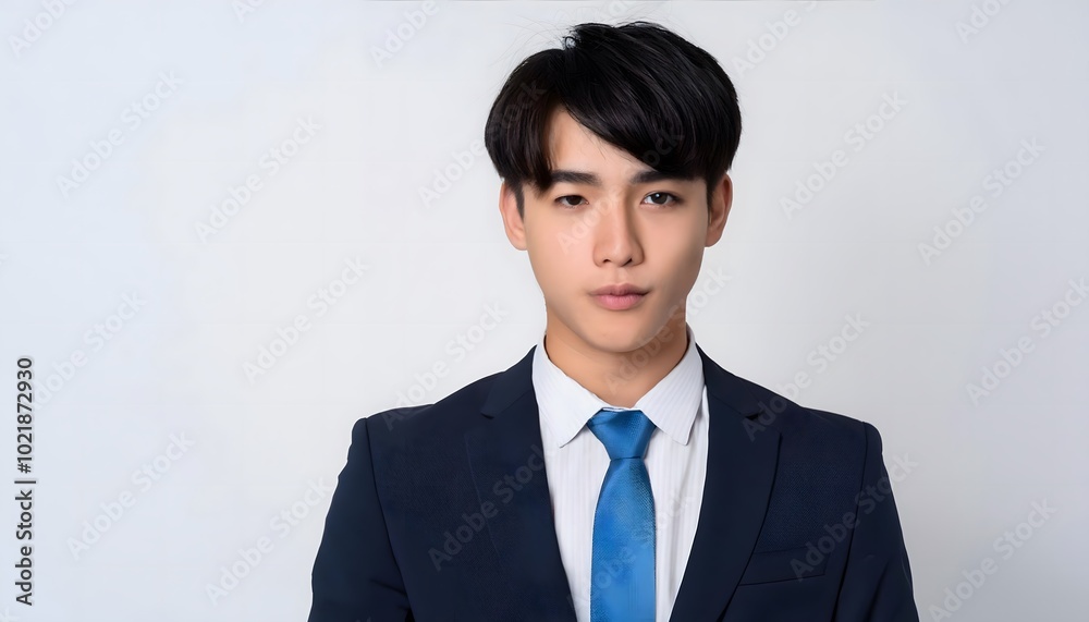 18-year-old Tall American man, with clean stylish black hair, wearing a business suit. Isolated on a white background. 18-year-old Tall American man, with clean stylish black hair, wearing a business suit. Isolated on a white background.