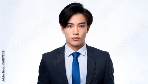 18-year-old Tall American man, with clean stylish black hair, wearing a business suit. Isolated on a white background.