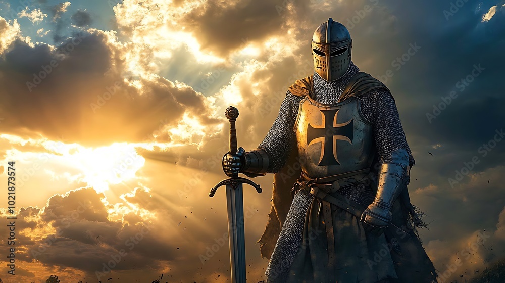 Medieval Knight with Sword at Sunset Medieval Knight with Sword at Sunset