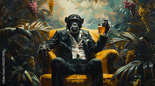 A monkey dressed in a formal suit sits comfortably in a chair, holding a glass of beer, with a lush jungle in the background.