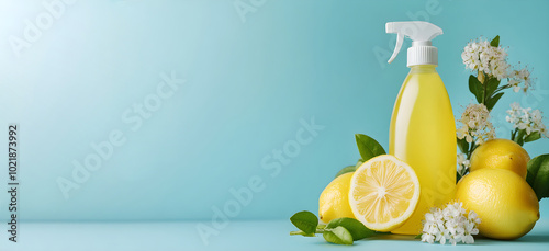 Detergent sprayer with lemon, chamomile on blue background. Concept with eco-friendly supplies for spring cleaning. Antiseptic banner with copy space. Bottle of dishwashing liquid soap, window cleaner