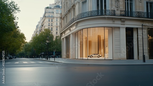 Fototapeta Naklejka Na Ścianę i Meble -  The sunset casts a warm glow over the deserted streets of Paris, lined with luxury stores featuring white walls and black windows, creating a serene and elegant ambiance