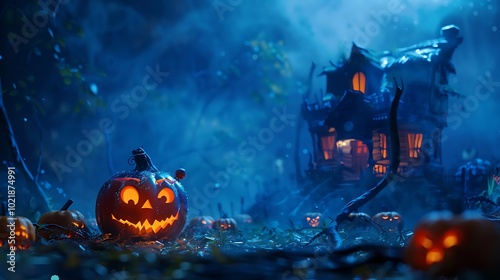 Background with halloween pumpkins, candles and autumn leaves on the wooden house porch
