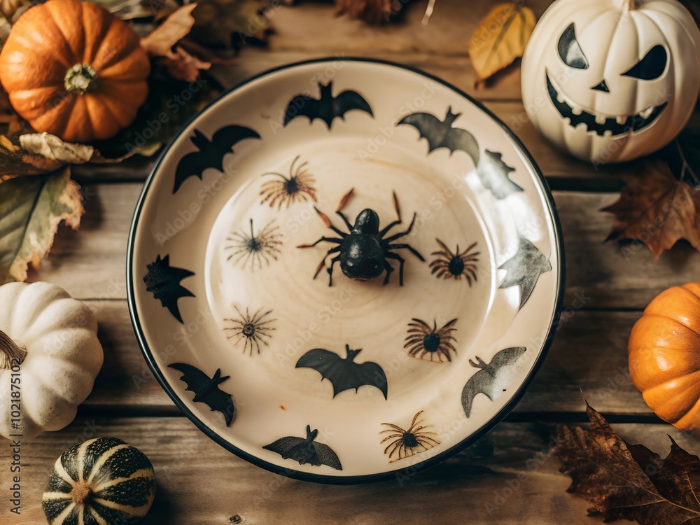 Diy halloween decorative plate with spider and bat décor. A rustic table with an autumn harvest of pumpkins designs arranged on vibrant purple background for seasonal decor. Diy halloween decorative plate with spider and bat décor. A rustic table with an autumn harvest of pumpkins designs arranged on vibrant purple background for seasonal decor.