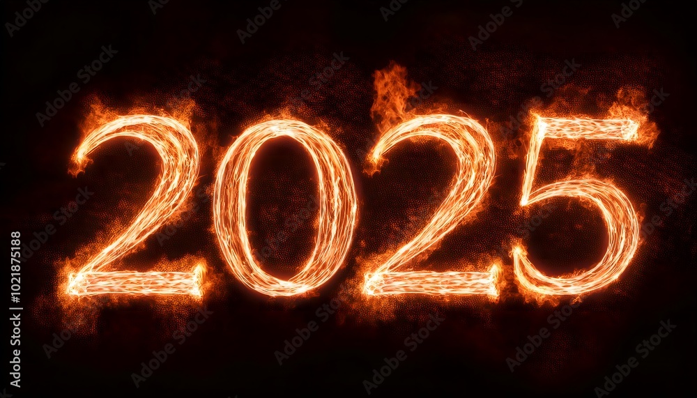 2025 fire text effect, isolated on a dark background, colorful banner. Fire Text, New Year Background banner