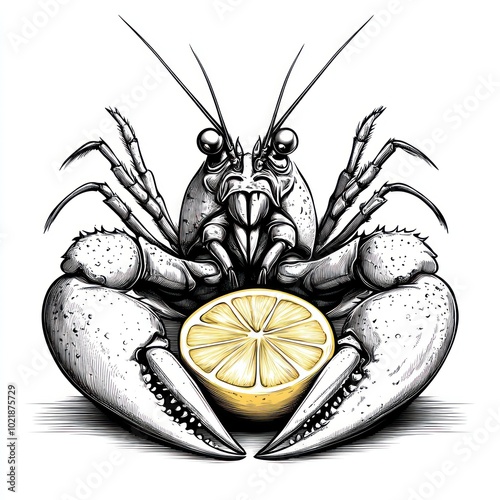 A humorous illustration of a crayfish holding a lemon slice. photo