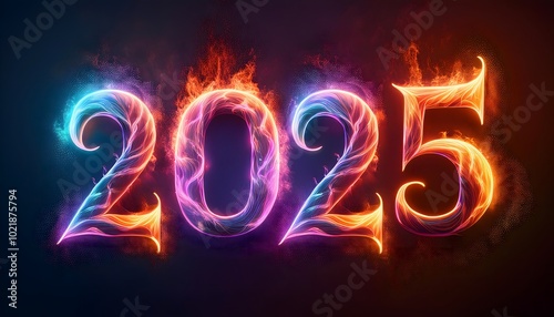 2025 fire text effect, isolated on a dark background, colorful banner. Fire Text, New Year Background banner