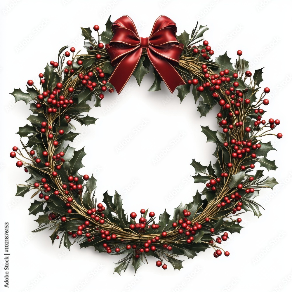 A Christmas wreath with red berries and ribbon, holiday decor element, 3D realistic, vibrant tones, isolated on white background A Christmas wreath with red berries and ribbon, holiday decor element, 3D realistic, vibrant tones, isolated on white background