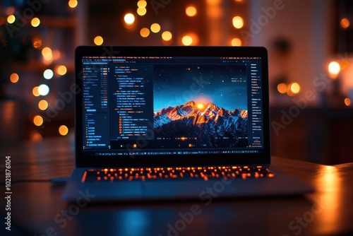 Laptop with code displayed on the screen, with warm lights in the background.