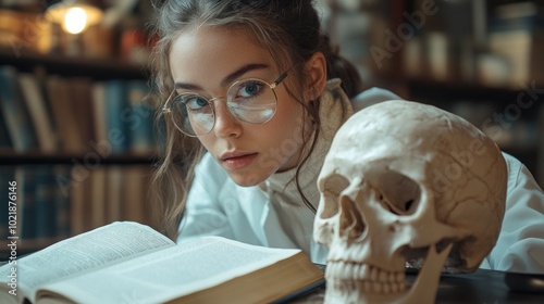 A young woman with glasses leans on a book in a library with a skull beside her. photo