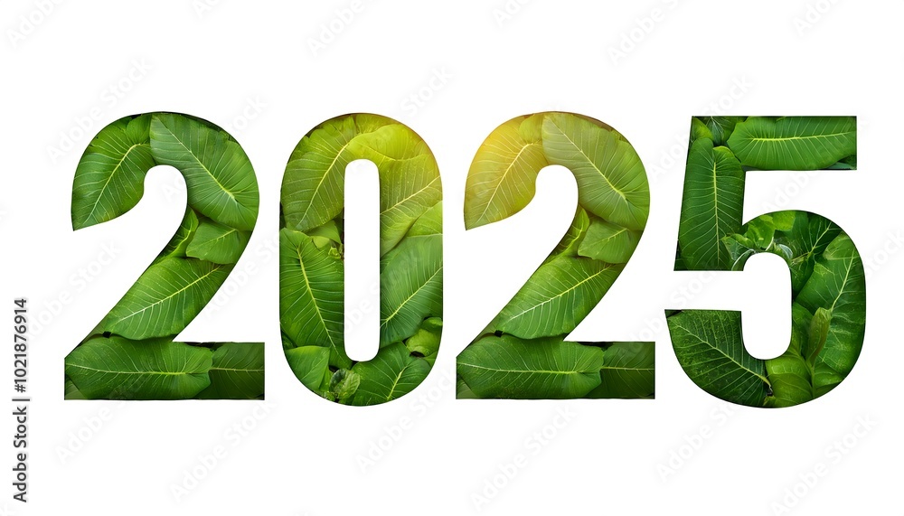 2025 leaves the text effect isolated on a white background, with bokeh lightning. New Year Background banner 2025 leaves the text effect isolated on a white background, with bokeh lightning. New Year Background banner