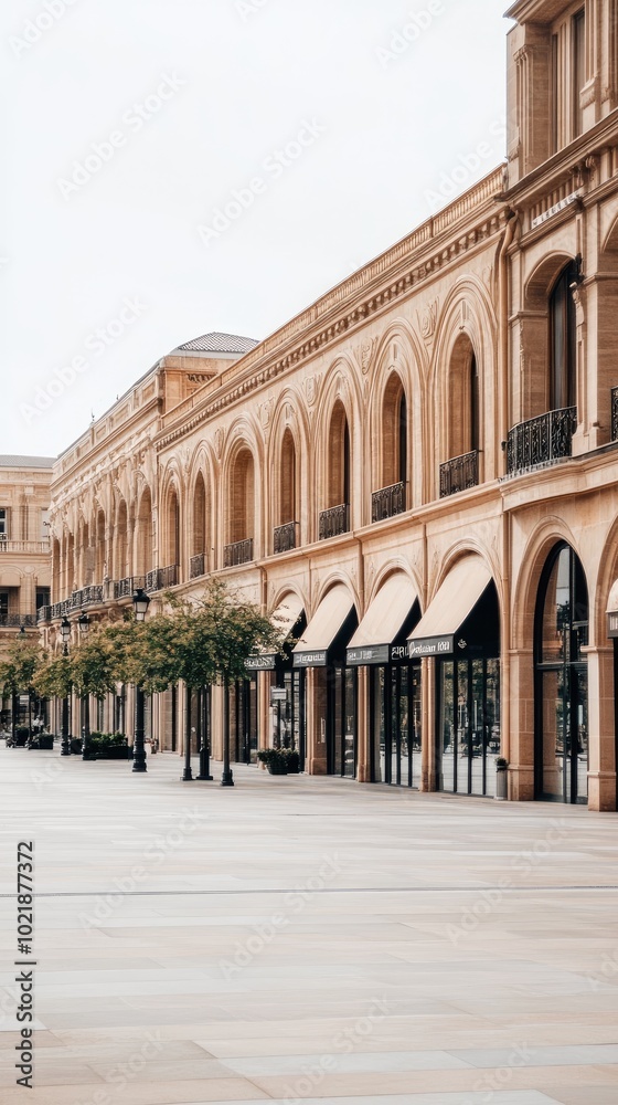Obraz premium The sunset casts a warm glow over the deserted streets of Paris, lined with luxury stores featuring white walls and black windows, creating a serene and elegant ambiance