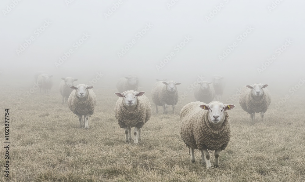 Ewes (sheep) walking on a winter morning in fog in a paddock Ewes (sheep) walking on a winter morning in fog in a paddock