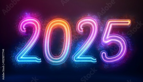 2025 neon shiny Sparkles text effect, isolated on a dark background, colorful banner. New Year Background banner