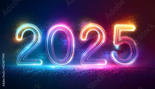 2025 neon shiny Sparkles text effect, isolated on a dark background, colorful banner. New Year Background banner