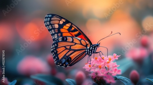 A monarch butterfly with orange and black wings is perched on a pink flower with a blurred background.