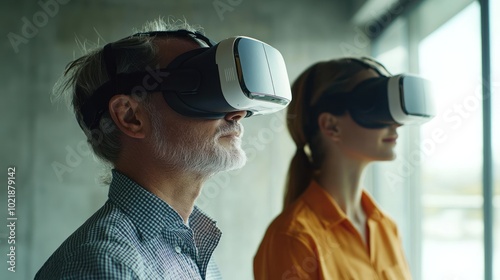 A man and woman wearing VR headsets, looking into the distance.