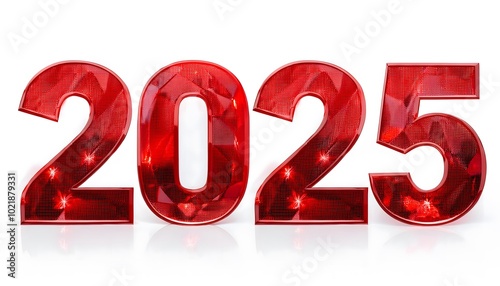 2025 red ruby and shinny text effect isolated on a white background. New Year banenr photo