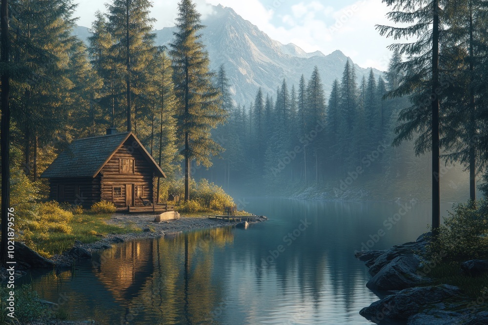A wooden cabin sits on the edge of a tranquil lake surrounded by a dense forest and majestic mountains in the distance. The morning mist hangs over the water, A wooden cabin sits on the edge of a tranquil lake surrounded by a dense forest and majestic mountains in the distance. The morning mist hangs over the water,
