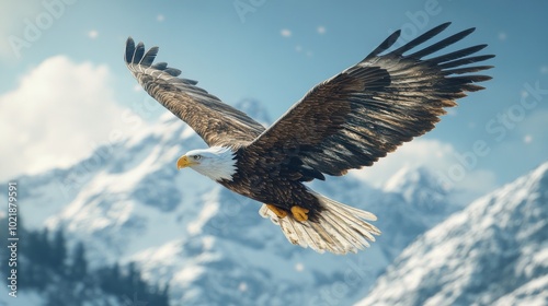 A majestic bald eagle soars through a clear blue sky over snow-capped mountains.