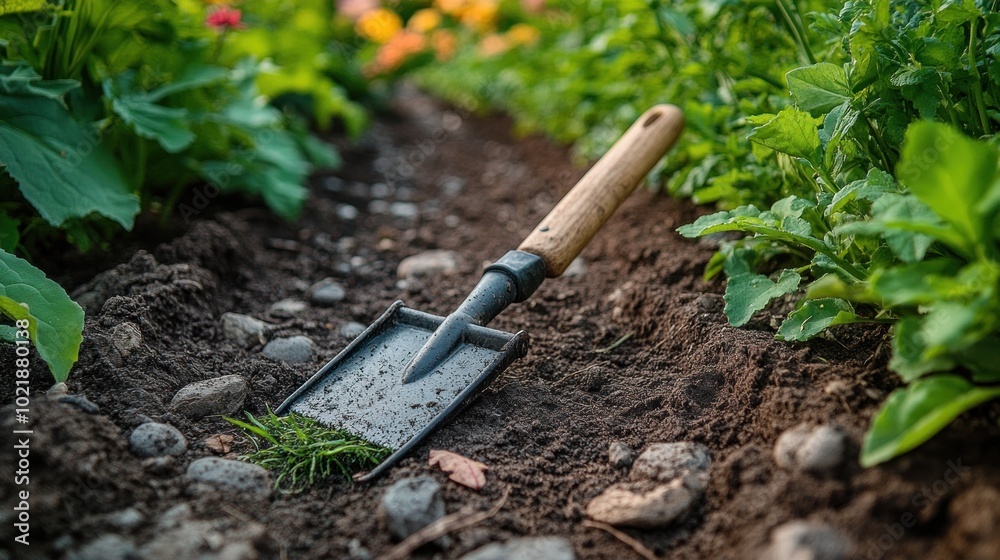 Garden trowel resting on soil amidst vibrant plants. Garden trowel resting on soil amidst vibrant plants.