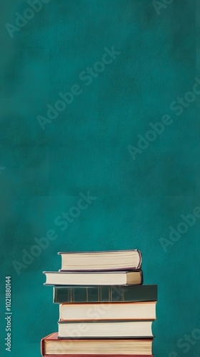 Photo of a stack of books on an empty shelf with a teal background, representing education and knowledge