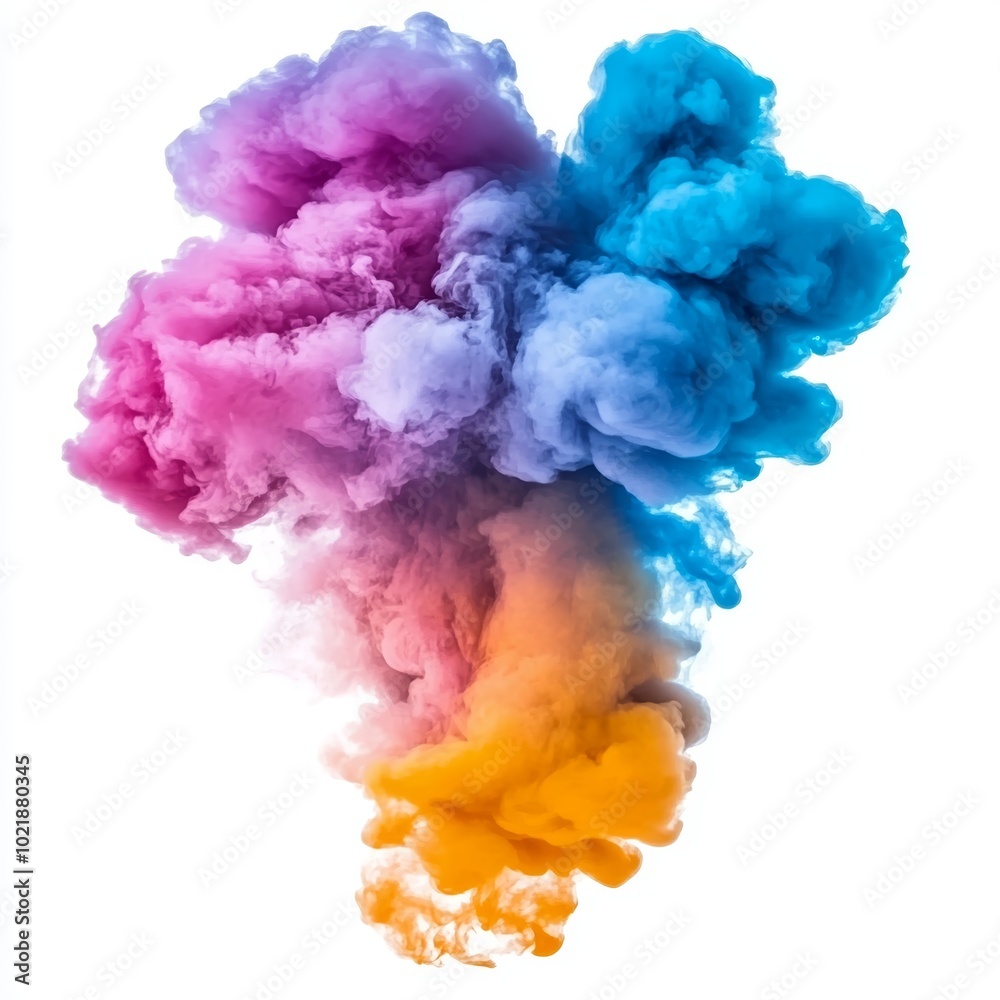 Fototapeta premium A vibrant mixture of pink, blue, and orange smoke billows upward, creating an abstract visual effect against a white backdrop