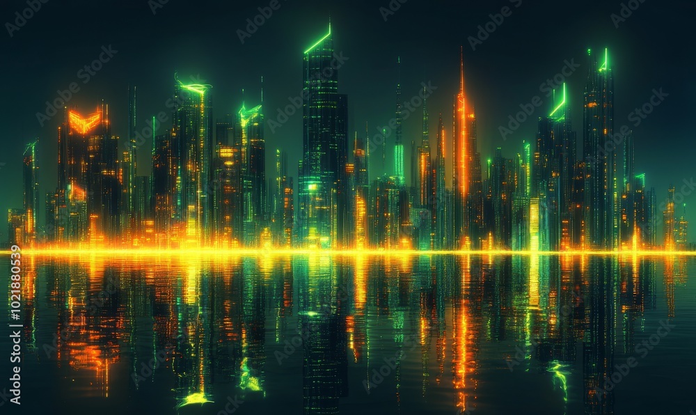 Futuristic City Skyline with Orange and Green Neon lights. Night scene with Visionary Architecture Futuristic City Skyline with Orange and Green Neon lights. Night scene with Visionary Architecture