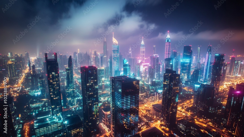 Obraz premium Vibrant night skyline of a modern city with glowing skyscrapers and bustling streets illuminated by colorful lights