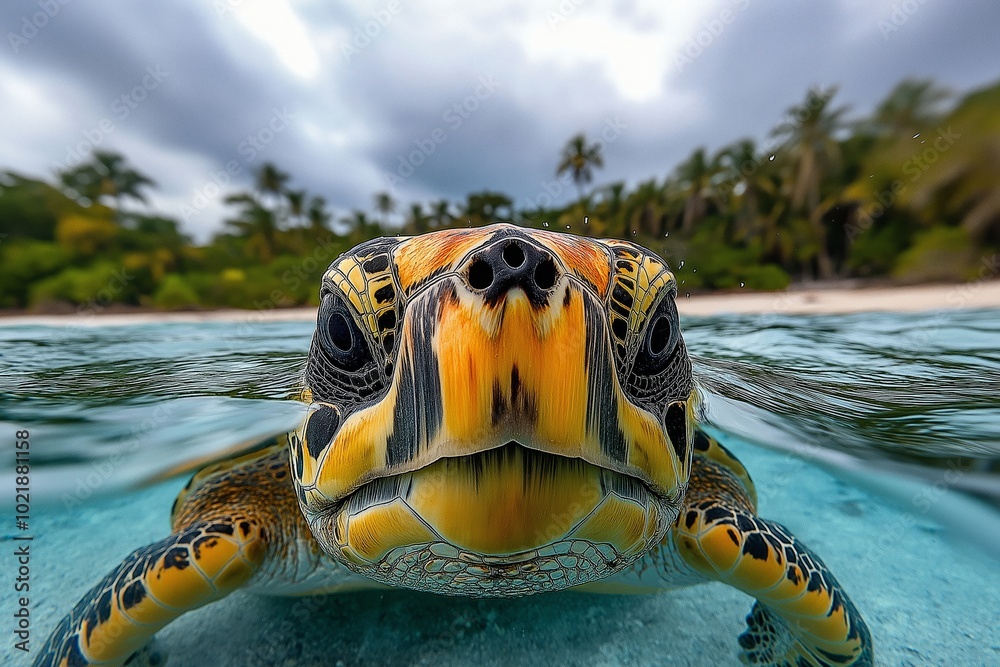 Fototapeta premium A sea turtles face emerges from the water in a tropical setting with palm trees in the background