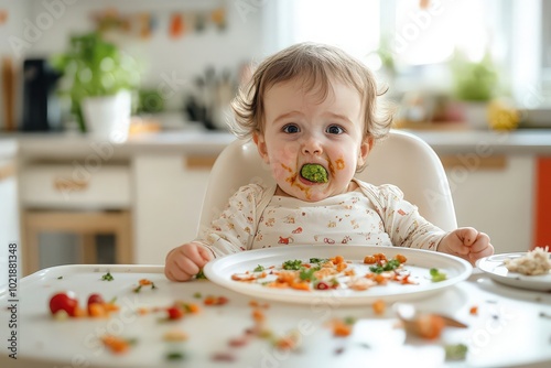 Baby in highchair spitting out food, creating a messy mealtime scene with scattered food.