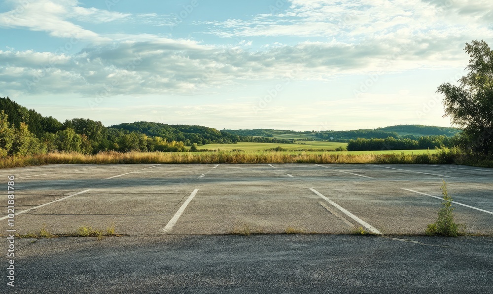 Fototapeta premium Empty parking lot, farmland in distance
