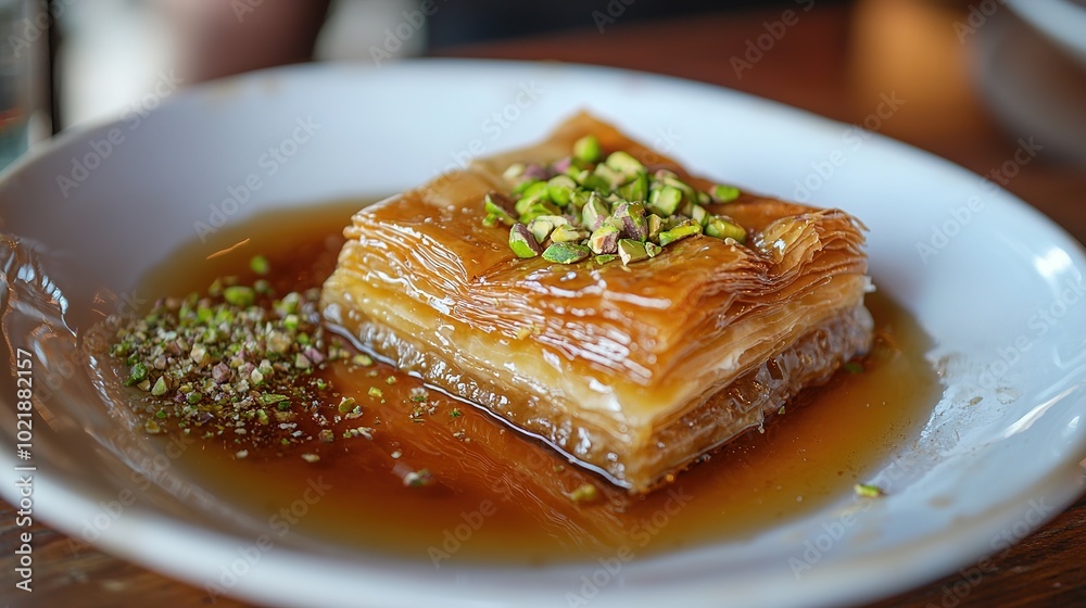 A delicious piece of Baklava drizzled with syrup and garnished with chopped pistachios on a white plate. A delicious piece of Baklava drizzled with syrup and garnished with chopped pistachios on a white plate.