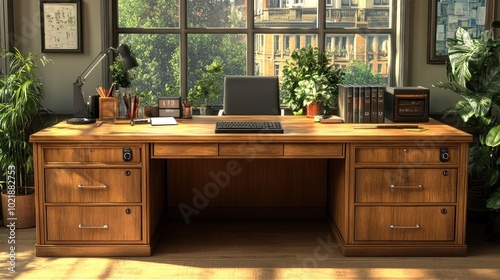 A wooden desk with a computer, plants, and natural light.