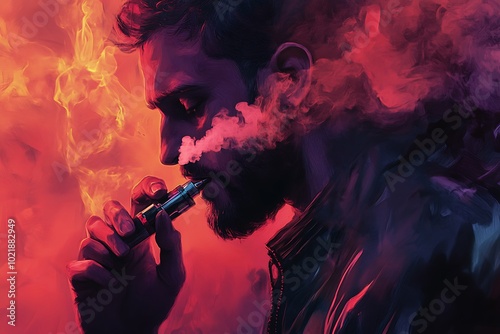 Man Vaping in a Red Neon Light, Smoking, Vapor, E cigarette